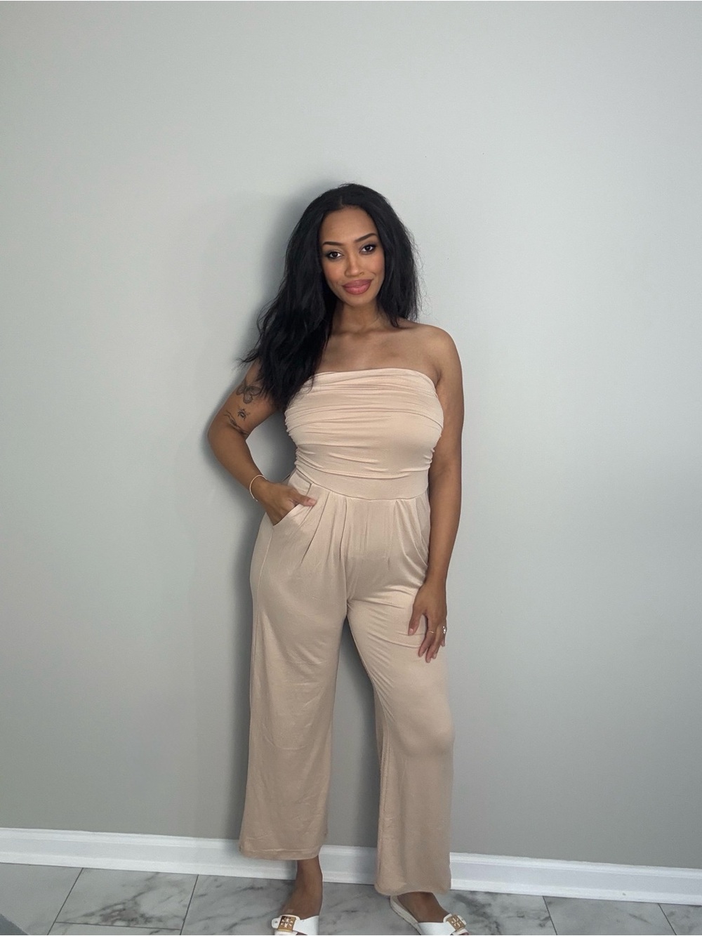 NWT Strapless Wide-Leg Jumpsuit in Nude